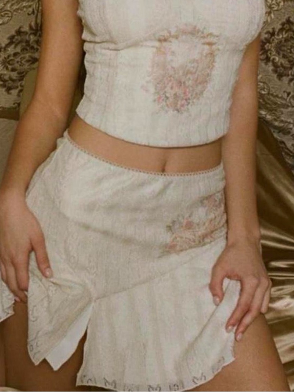 Tiger Mist Cream Mini Skirt with Subtle Pink Floral Detail